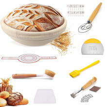 10-piece bread proofing basket set, 23 cm, complete baking accessories set, round proofing basket starter set for beginners