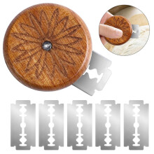 Stainless steel baker's knife with engraved wooden handle, professional dough cutter, 5 replacement blades, compact bread blade wit