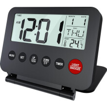 Travel alarm clock, foldable digital alarm clock, battery operated, with date, timer, snooze and temperature display, portable tabl