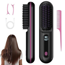 Electric hairbrush, styling brush for short hair, ceramic bristles, anti-tangle, volumizing brush for pixie, bob, and bangs, ergono