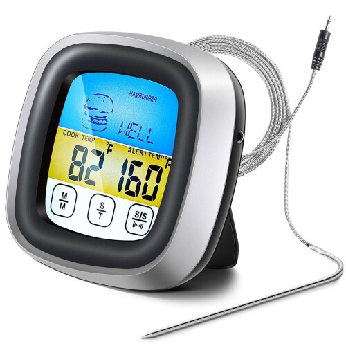 BBQ Digital Thermometer – Oven Thermometer with Long Probe, LCD Touchscreen, Kitchen Timer, Cooking, Baking & Grilling