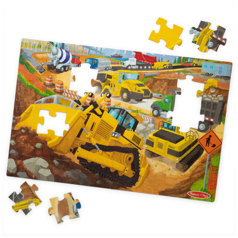 Melissa & Doug Building Site, Construction Themed Jumbo Floor Puzzle, 48-Piece Construction Vehicle Jigsaw Puzzle, 3 X 2 Foot Toddler Puzzles For Kids