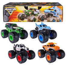 Monster Jam, All Stars 4-Pack Monster Trucks, Official Grave Digger, Megalodon, Dalmatian and El Toro Loco 1:64 Scale, Kids Toys for Boys Ages 3 and u