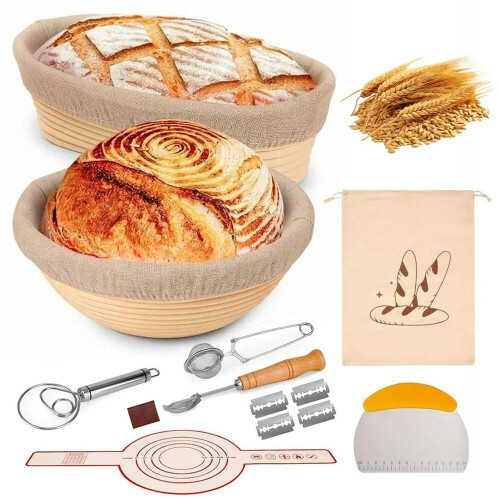 Sourdough fermentation kit, complete bread baking accessories, including round and oval silicone proofing baskets, dough scraper, b
