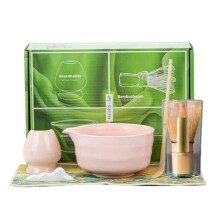 Japanese Matcha Set, 4-piece, pink, with bowl and bamboo whisk (100 bristles) for traditional tea ceremonies.