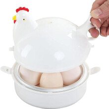Microwave egg cooker/steamer for 4 eggs with aluminum tray, with eggs, dumplings and corn