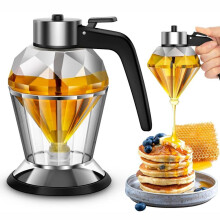 Drip-free glass honey dispenser, honey dispenser with stand, 200 ml clear glass with drip-free measuring spoon and hinged lid, leak