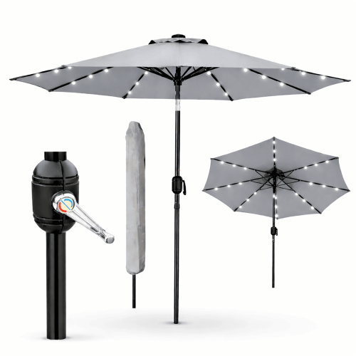(Light Grey) GlamHaus Solar LED Tilting Garden Parasol 2.7M 1