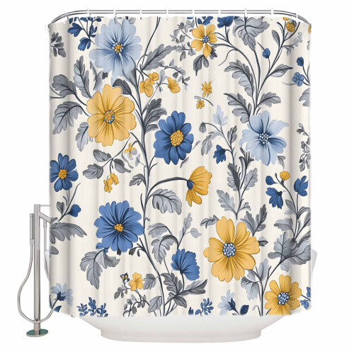Gelber und blauer Duschvorhang mit Blumenmuster, 183 x 183 cm