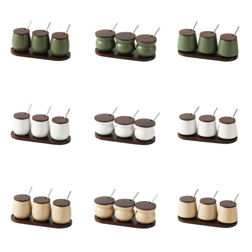 Ceramic Condiment Jar 3 Piece Set with Tray-oatmeal white BB3 1