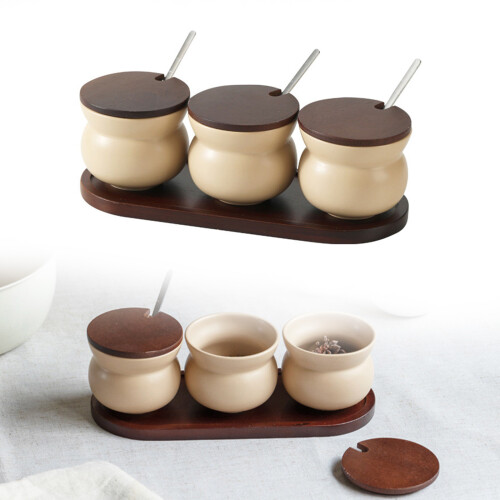 Ceramic Condiment Jar 3 Piece Set with Tray-oatmeal white BB3 2