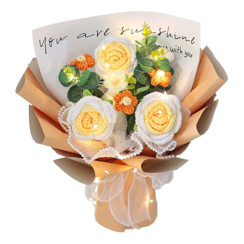 Strikket blomsterbuket – Roser Solsikker Nelliker –