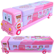 Boîte à Crayon 2 en 1 en Forme de Bus Scolaire avec Roues et Taille-Crayon Métallique (Rose)