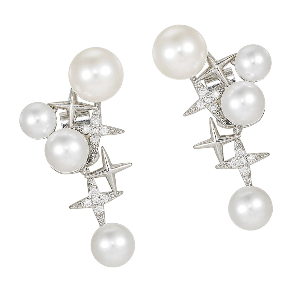 Elegant Shimmering Crystal Pearls Charms Ear Clip For- Silver 7751001510137