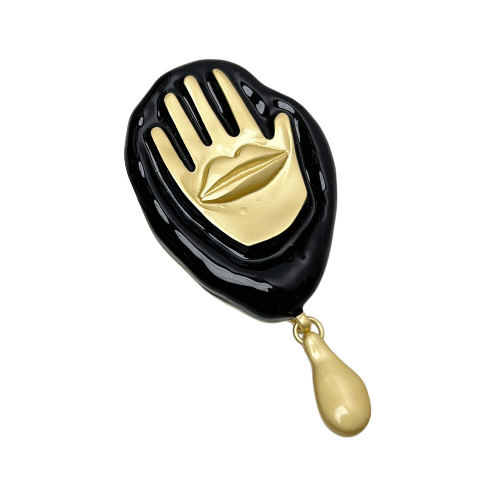 Black Elegant Enamel Hand With Lip Brooch Artistic Statement