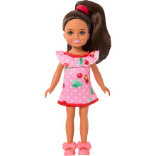 Barbie Club Chelsea Small Doll, 6-Inch Lula with Brunette Hair Wearing Removable Cherry-Print Dress & Sandals