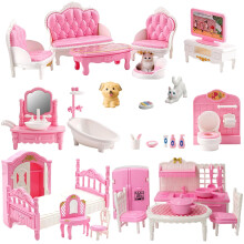 Xadothat Dollhouse Furniture Set, Complete Room Collection with Kitchen, Dining, Living Room, Bedroom and Bathroom Accessories, Plastic (36-Piece Pink