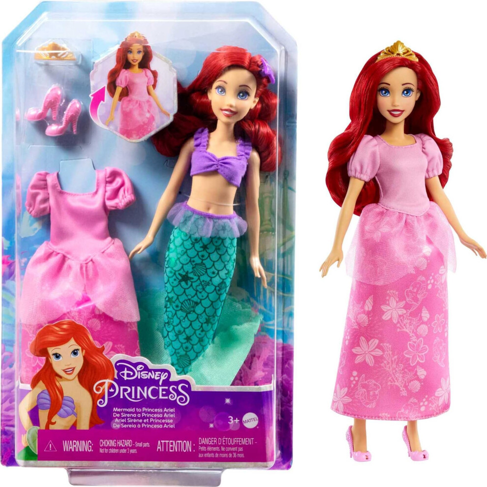 Mattel Disney Princess Toys, Ariel 2-In-1 Mermaid To Princess Doll With 2 Fashions And Accessories, Inspired By The Movies, Gifts For Kids