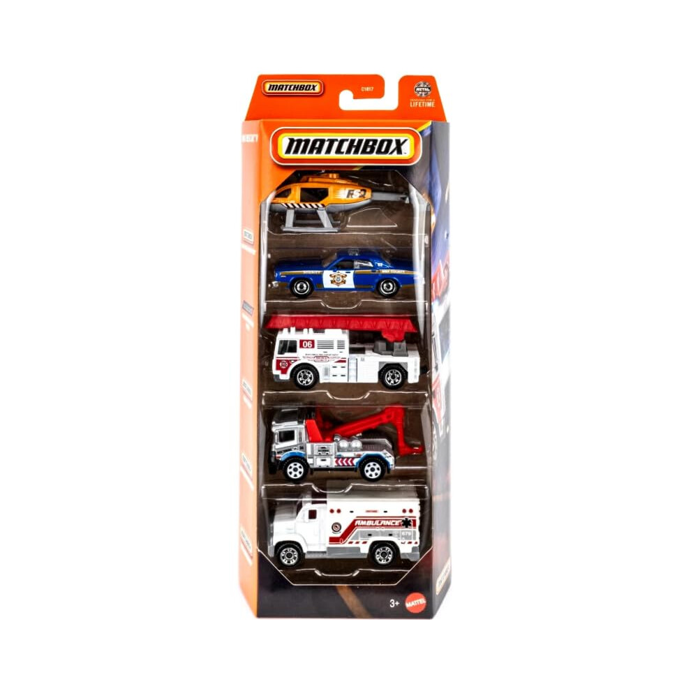Hot Wheels Matchbox Mbx Rescue V 5 Pack [Rescue Helicopter, 1978 Dodge Monaco Police, Flame Tamer, Urban Tow Truck, Ambulance] 1:64 Scale Diecast Toy Vehicles