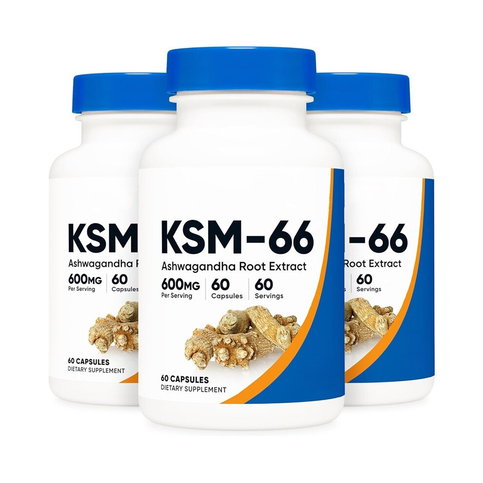 (3pcs) KSM-66 Ashwagandha Root Extract 600mg,60 Veggie Caps-5% Withanolides-with BioPerine-Full-Spectrum Root Extract