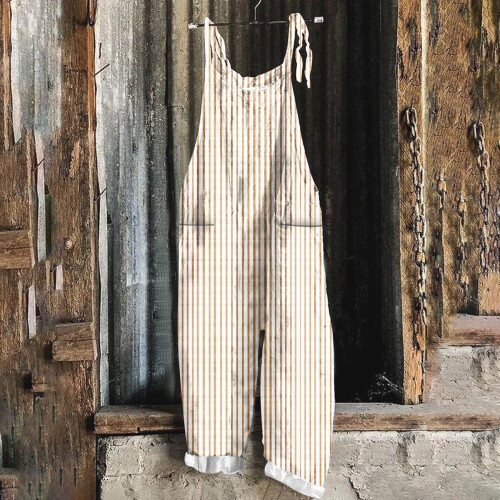 Women's Stripe Sleeveless Bib Jumpsuit – Beige, M 1
