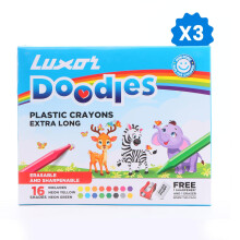 Crayons en plastique extra longs Luxor Doodles | 16 couleurs assorties | 1 gomme et 1 taille-crayon offerts | Idéal pour jeunes artistes