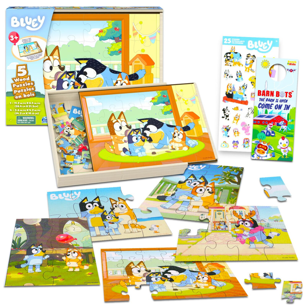 Bluey Wooden Puzzle 5 Pack - Wood Puzzles Bundle With Holding Tray, Stickers And More | Bingo Jigsaw Puzzles For Kids