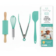 Tovla Jr. Ensemble d'ustensiles de cuisine pour enfants - Set de 4 outils - Set de cuisson sûr - Fournitures de chef pour tout-petits