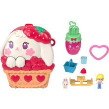 Polly Pocket Dolls and Playset, Strawberry Picnic Bunny Compact, Travel Toy with 1 Micro Doll, Pet, Fruit Themed Accessories