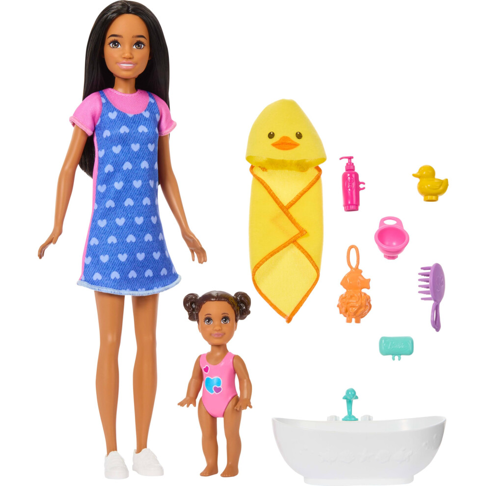 Barbie Skipper Babysitters, Inc. Playset With Brunette Doll, Brunette Toddler Doll, Bathtub & 6 Accessories Including A Rubber Duckie