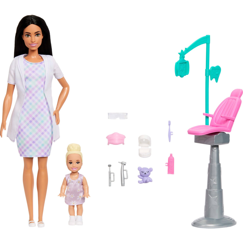 Barbie Careers Dentist Playset With Brunette Doll Wearing Coat, Toddler Small Doll, Examination Chair & Accessories White