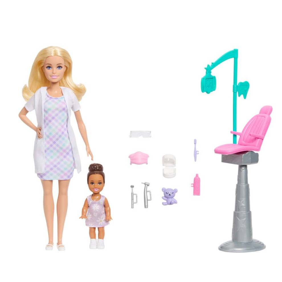 Barbie Careers Dentist Playset With Blonde Doll Wearing Coat, Toddler Small Doll, Examination Chair & Accessories White