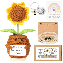 Lamyba Lehrer Valentinstag Geschenke, Handmade Sonnenblume Häkelpuppe Set mit Karte, Armband & Schlüsselanhänger