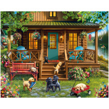 White Mountain 1000 Piece Jigsaw Puzzle Spring Lake Cabin Puzzles with Large Pieces Gift for Adults and Family 24"x30" - Porch Puppies