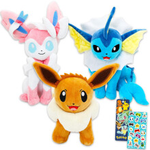 Pokemon Plushie Set - Bundle with 3 Eeveelution Plush 8" Figures: Vaporeon, Sylveon, and Eevee Plus Bookmark, More | Pokemon Stuffed Animals Variety P