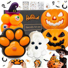 Halloween Squishies Kit, 4PCS Spookachtige Stressverlichters - Ghost, Pompoen, Kattenpoot, Magic Cube