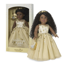 American Girl 2025 Glänzende Gold Feiertags Sammlerpuppe, mit braunen Augen, langen lockigen schwarzen Haaren, ab 8 Jahren