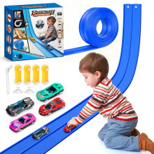 15Ft Flexible Race Car Track for Kids with Suction Cups Compatible with Hot Wheels and Diecast 1/64th Cars for Ages 3 & Up Blue Gray Orange Red Classi