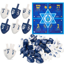 JOYIN 32-delige Hanukkah Dreidel Set, Blauwe & Witte Houten Dreidels met Engelse Transliteration