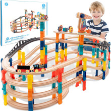 120Pcs Wooden Train Tracks Set, 398-inch Track Expansion, Toddler Railway Bridge Toy Train Set with Airplane and Magnetic Crane, Birthday Gifts for Bo