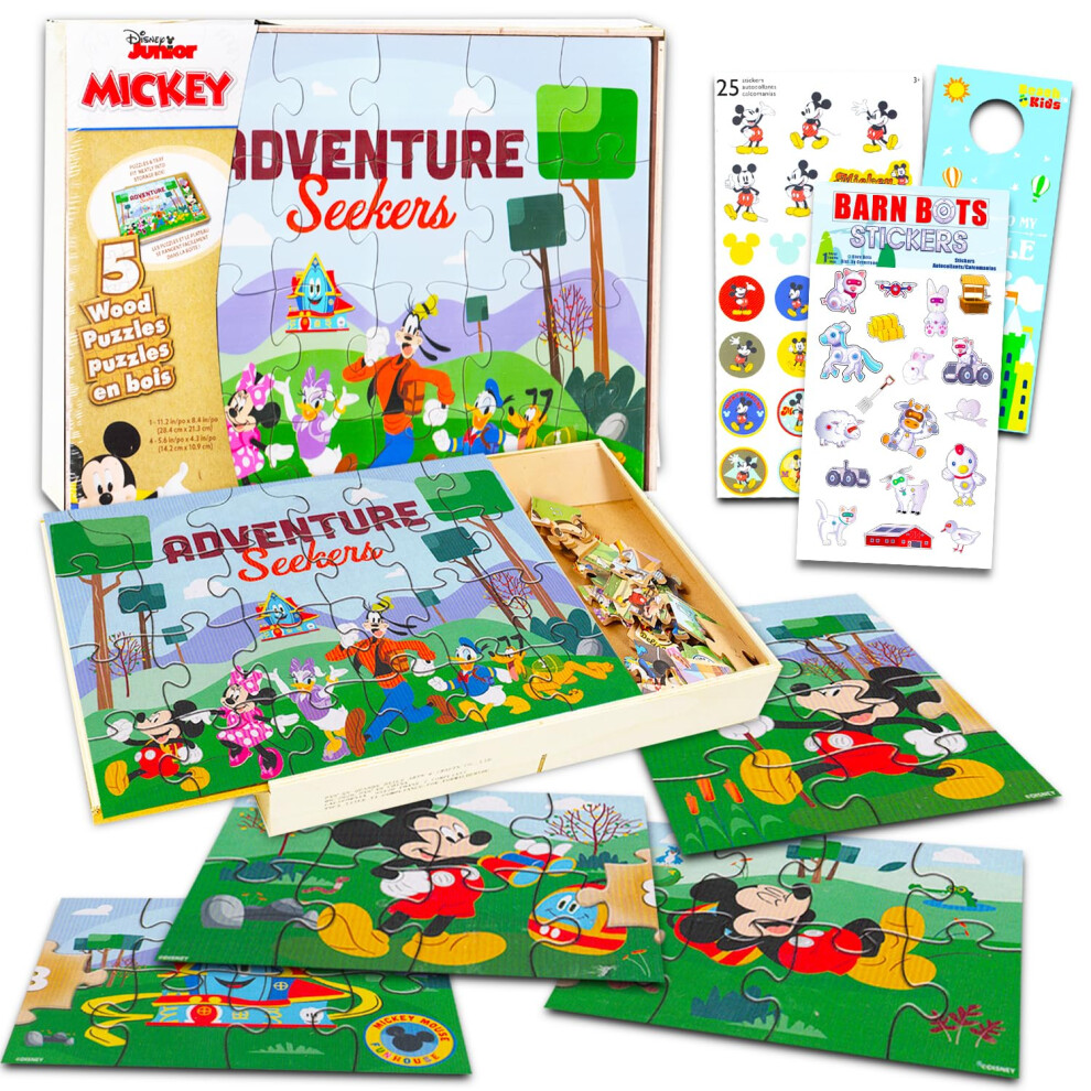 Disney Mickey Mouse Wooden Puzzle 5 Pack - Wood Jigsaw Bundle With Holding Tray, Mickey Stickers And More | Jigsaw Puzzle Toy For Kids Ages 3-5