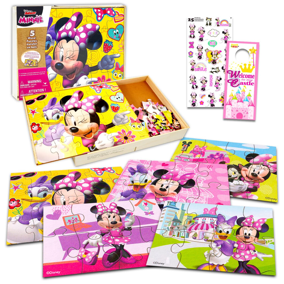 Disney Minnie Mouse Wooden Puzzle 5 Pack - Minnie Mouse Wood Puzzles Bundle With Holding Tray Plus Minnie Stickers And More | Minnie Mouse Jigsaw Puzzles For