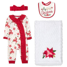 Juloutfit för Flicka 4-delar - Blommig Poinsettia Dress, Sjal, Filt & Huvudband med Båge - Julklapp (6 månader)