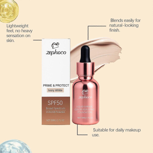 Zephoco Ivory White Protective Color-Changing Foundation Liquid, Lightweight, Comfortable, Moisturizing, Sheer, Natural, Long-Lasting Makeup 2