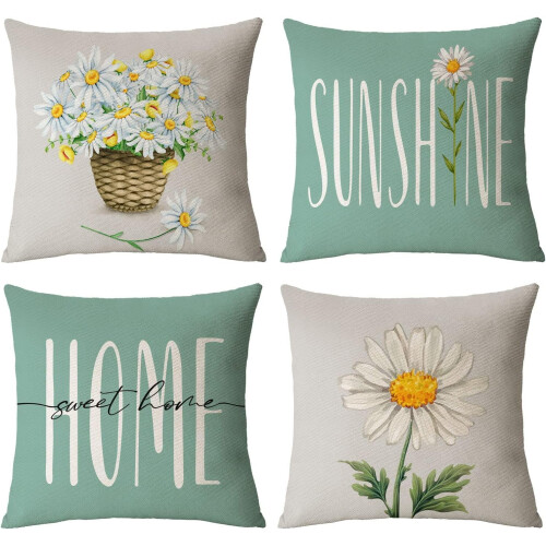 Set di 4 federe per cuscini Daisy in cotone e lino, 45x45 cm (18x18 pollici).
