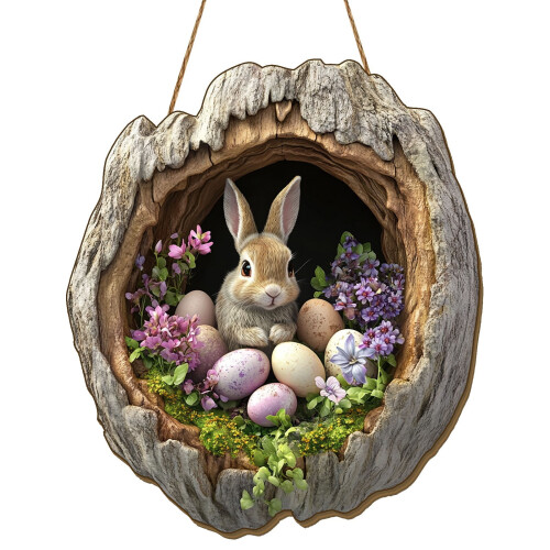 Guirlanda de Páscoa para porta de entrada, coelho de madeira, 30 cm (12 polegadas)