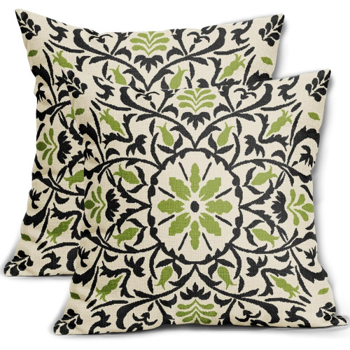 Fodere per cuscini Boho in lino nero e verde, set da 2 pezzi, 50x50 cm.