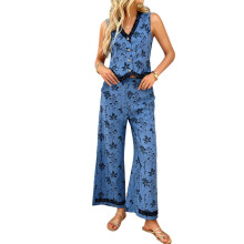 Conjunto feminino azul jeans de duas peças, blusa sem mangas com decote em V e