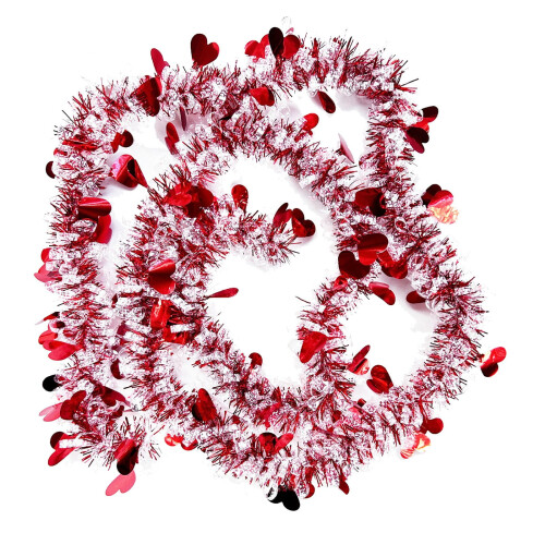 Valentijnshartjes slinger van lametta, 2 meter, rood, roze, wit