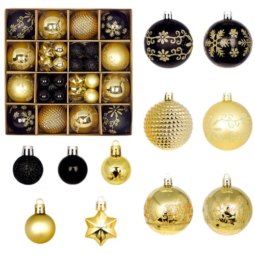 Bolas de Natal pretas e douradas para pendurar, 44 peças